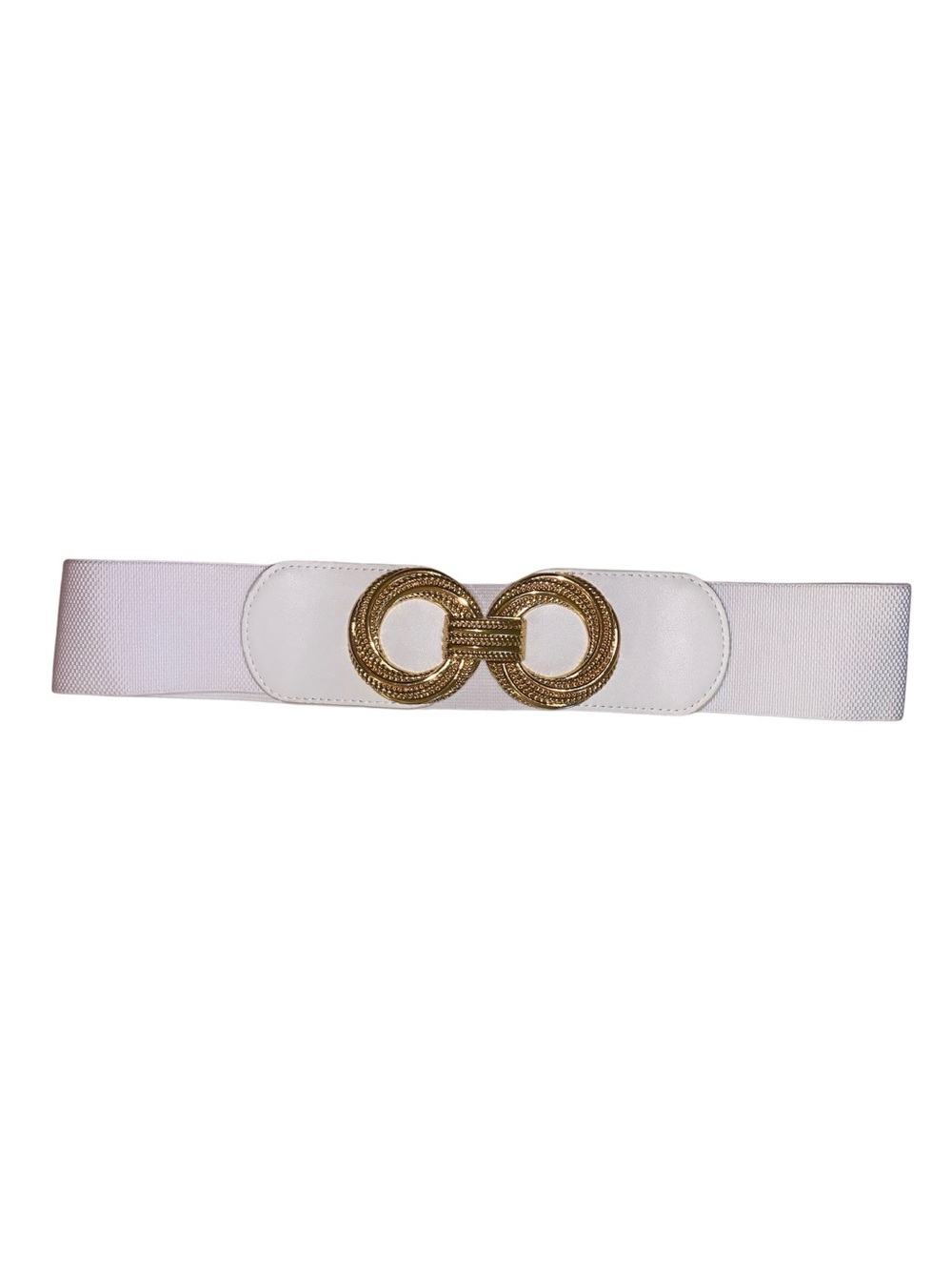 White Elastic Waist Belt with Gold Interlocking Buckle